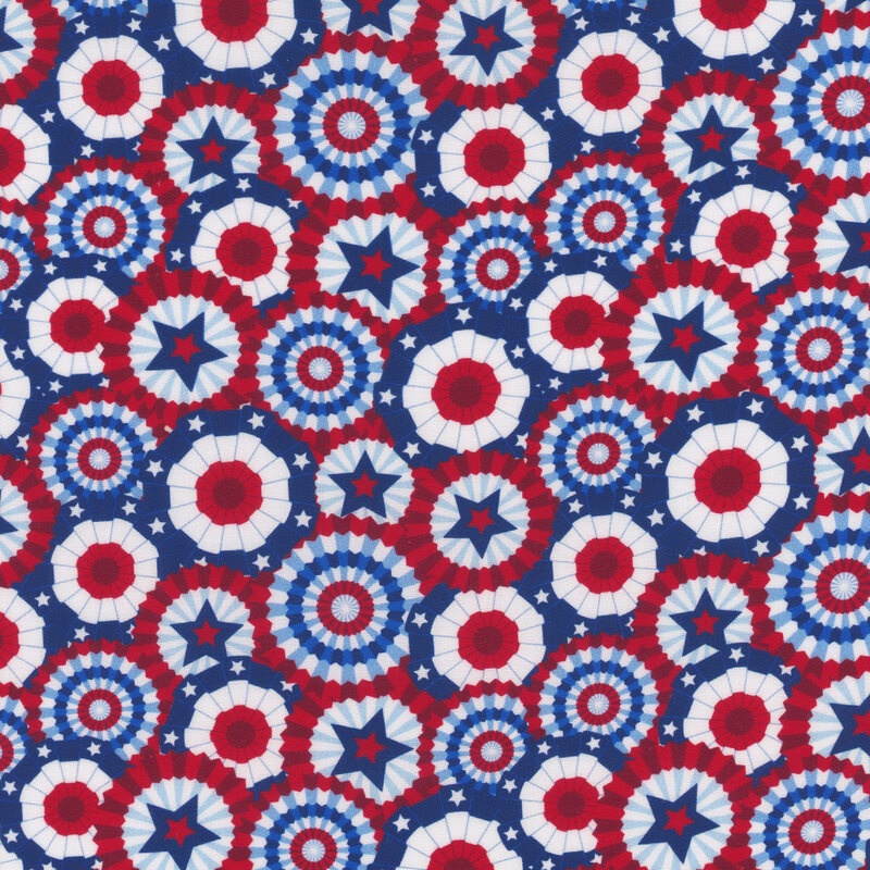 A repeating fabric pattern of red, white, and blue circular patriotic banners and stars, creating a festive design.