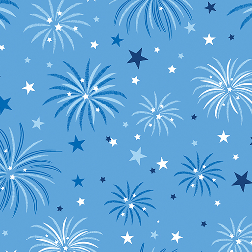 Patterned blue fabric featuring various shades of fireworks and stars.