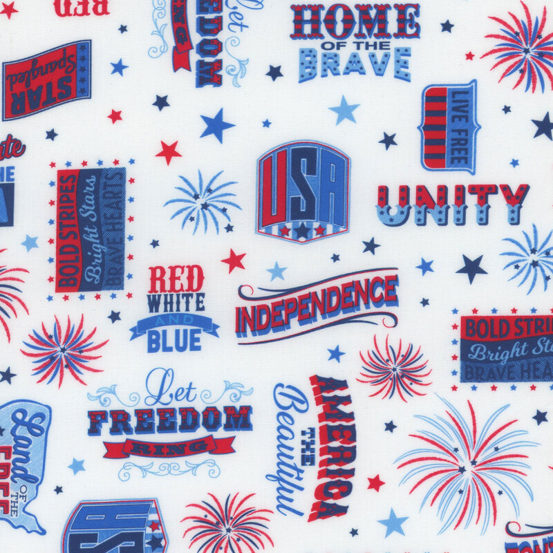 Fabric pattern featuring patriotic text and symbols in red, white, and blue, including Home of the Brave and stars.