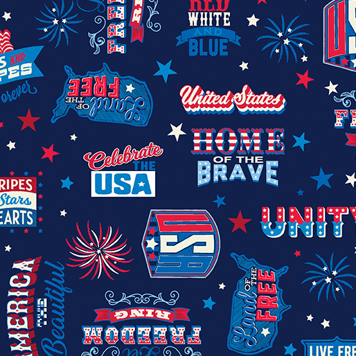 A pattern featuring patriotic text and symbols in red, white, and blue on a navy fabric.