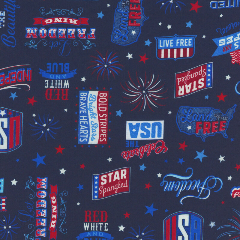 A pattern featuring patriotic text and symbols in red, white, and blue on a navy fabric.