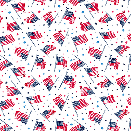 Pattern of American flags and stars in red, and blue on a white fabric.