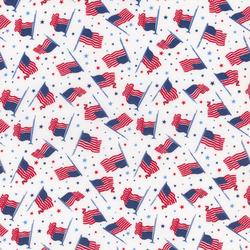 Pattern of American flags and stars in red, and blue on a white fabric.