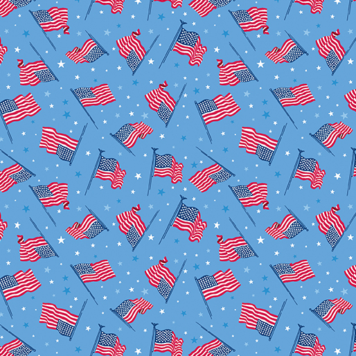 A repeating pattern of American flags and stars on a blue fabric.