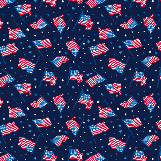 Pattern of American flags and stars on a dark blue fabric.