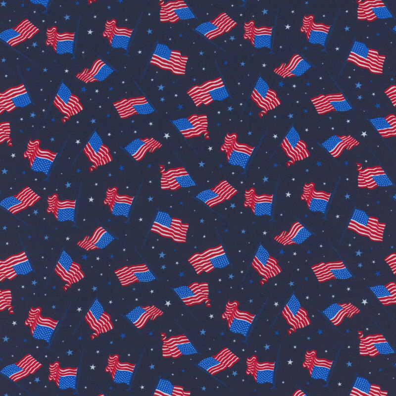 Pattern of American flags and stars on a dark blue fabric.