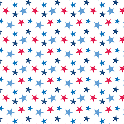 A pattern of variously sized red, blue, and navy stars on a white fabric.