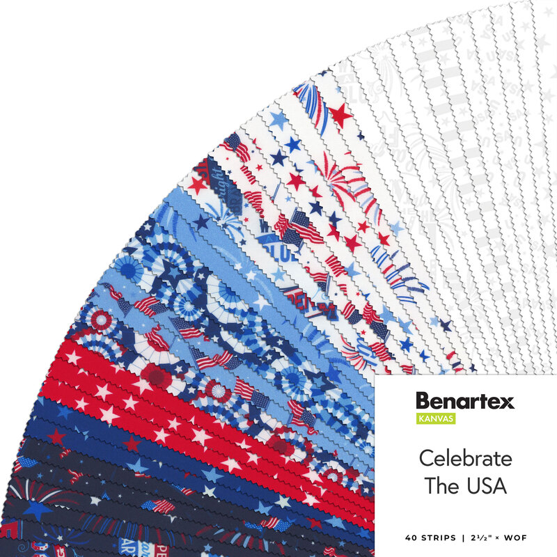 Fabric swatches featuring American-themed patterns in red, white, and blue, labeled Celebrate The USA.