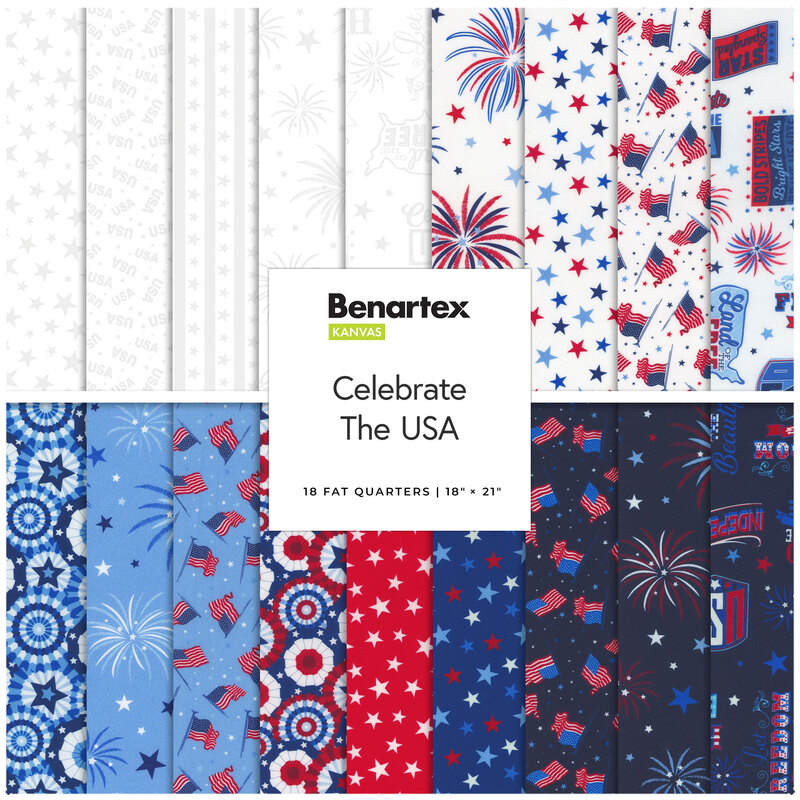 A collection of fabric fat quarters featuring red, white, and blue patterns with stars, stripes, and flags, labeled Celebrate the USA.