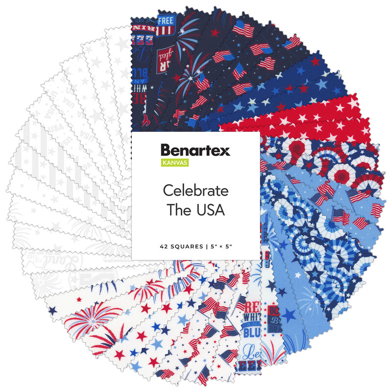 A circular display of 42 fabric squares in red, white, and blue with patriotic themes.
