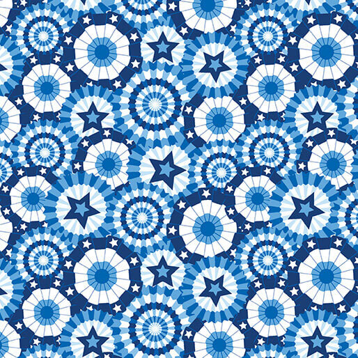 Repeated pattern of blue and white circular patriotic banners and stars on a navy fabric.