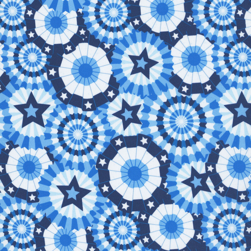 Repeated pattern of blue and white circular patriotic banners with stars.