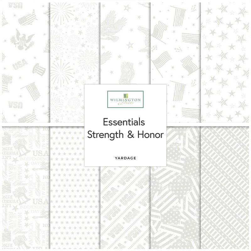 A fabric collage featuring white on white patriotic fabrics from the collection Essentials Strength and Honor. Shown in gray and white.