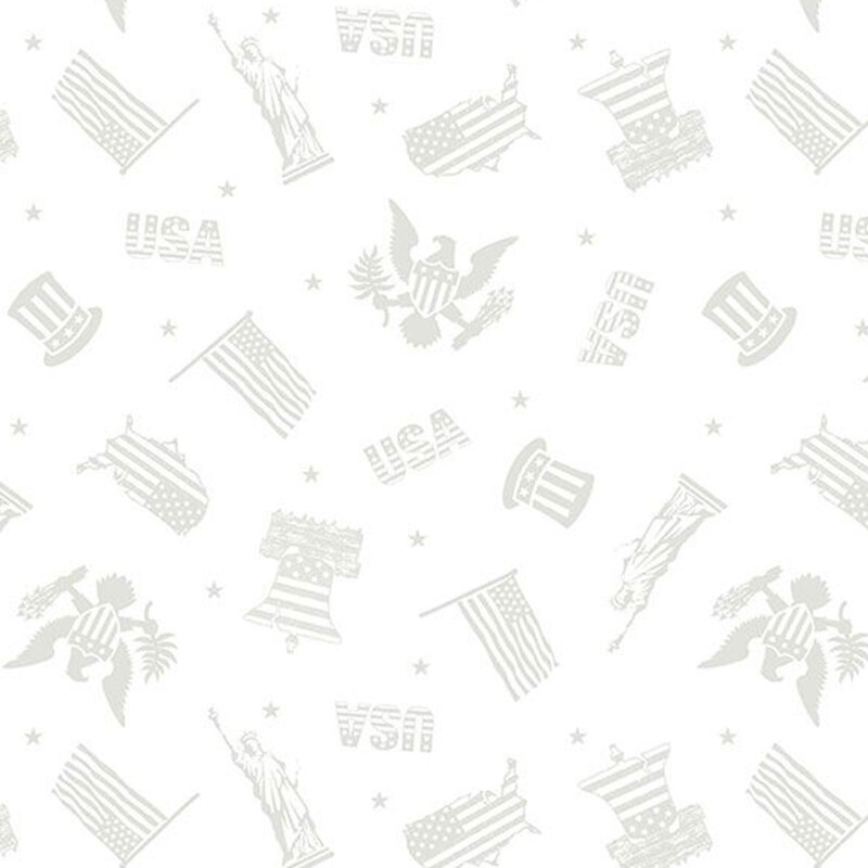 A white on white patriotic pattern with the statue of liberty, flags, top hats, the liberty bell, and the great seal , shown in gray and white.