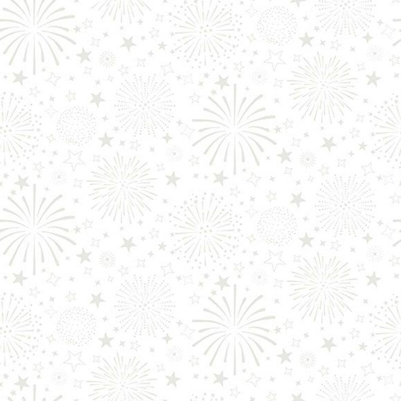 A white on white patriotic pattern featuring scattered stars and firework plumes, shown in gray and white.