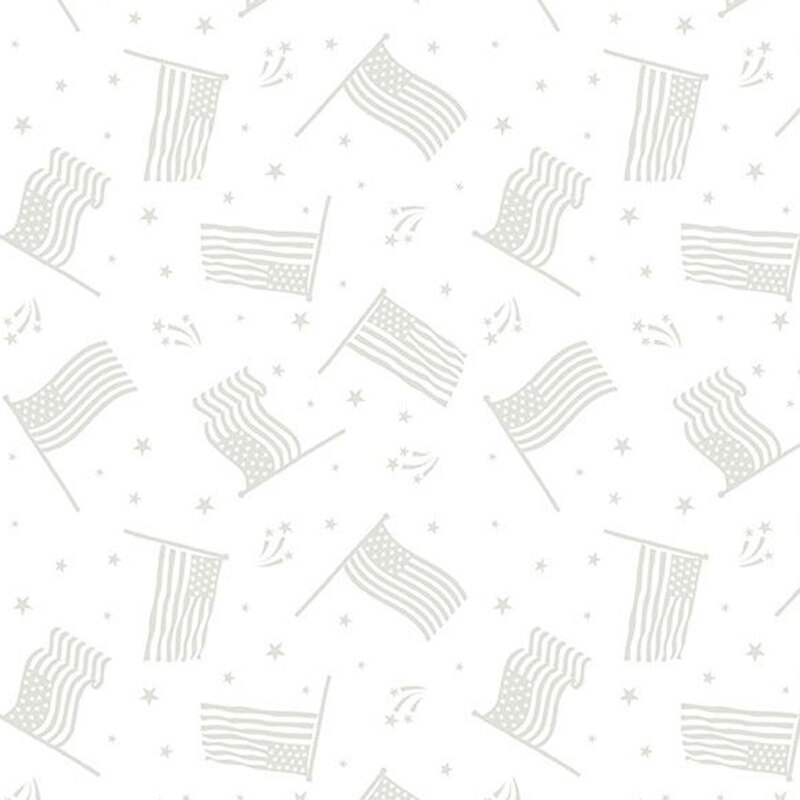 A white on white patriotic pattern featuring tossed american flags, shown in gray and white.