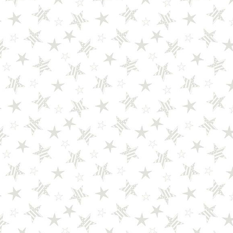 A white on white patriotic pattern featuring scattered stars, shown in gray and white.