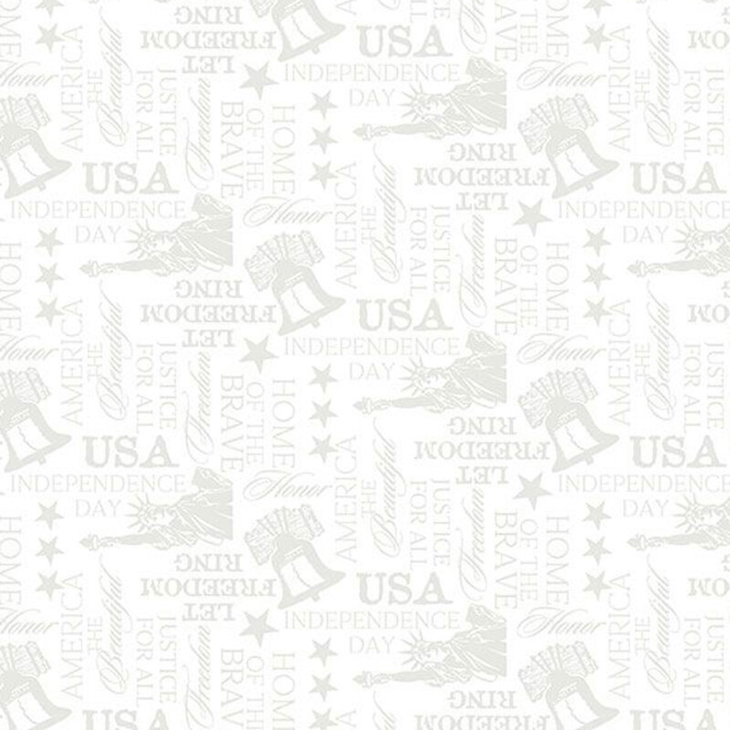 A white on white patriotic pattern featuring the statue of liberty, words, and the liberty bell, shown in gray and white.