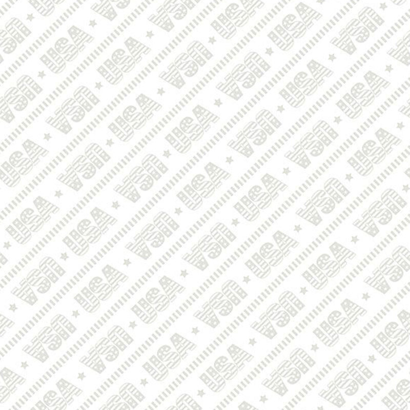 A white on white patriotic pattern with diagonal stripes, alternating with the letters USA, shown in gray and white.