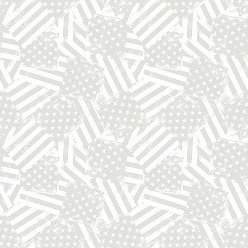 A white on white patriotic pattern featuring stylized american flags packed together, shown in gray and white.