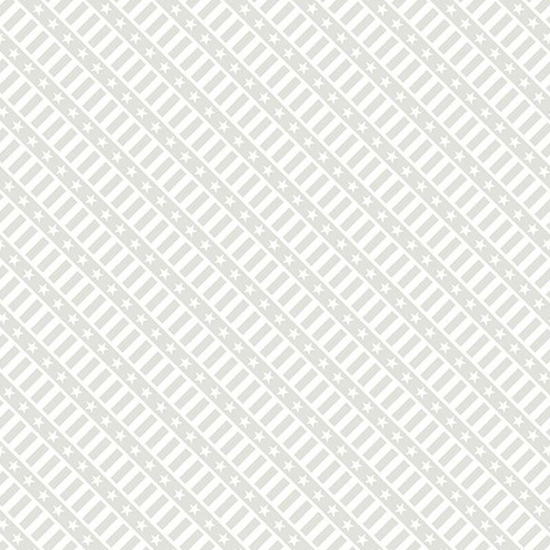 A white on white patriotic pattern with diagonal stripes alternating with stars in a border, shown in gray and white.