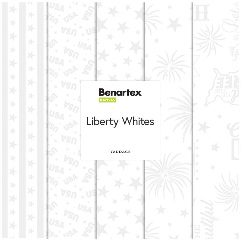 Digital collage of fabrics included in the Liberty Whites collection with white-on-white fabrics with a patriotic theme.