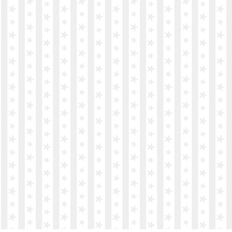 White-on-white fabric featuring alternating rows of stripes and stars.