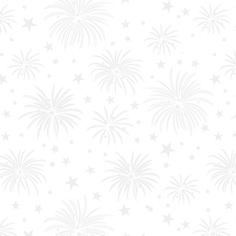 white-on-white fabric featuring fireworks and stars in various sizes