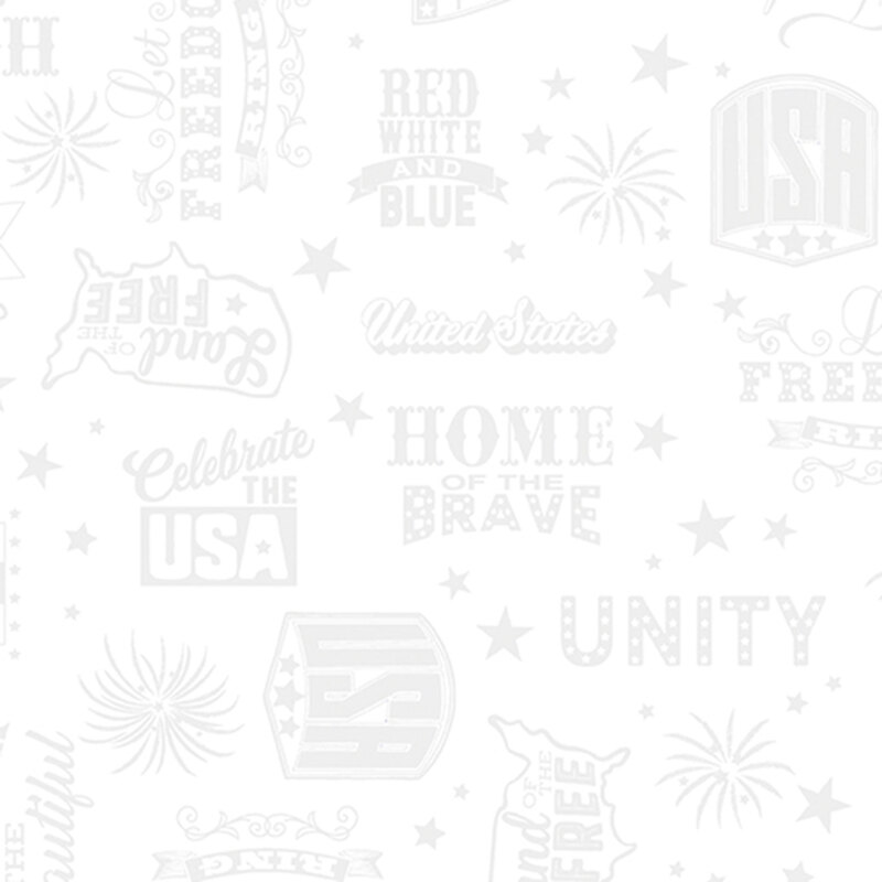 White-on-white fabric featuring stylized patriotic-themed words and phrases.