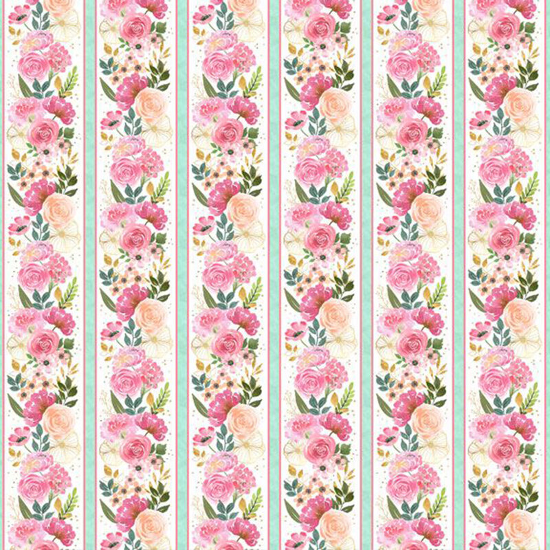 A white border stripe fabric featuring tossed watercolor florals and leaves from the collection Peony Blossoms.