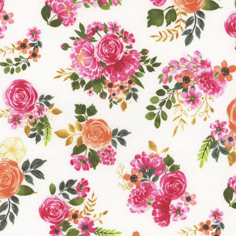 A white fabric featuring tossed watercolor florals from the collection Peony Blossoms.