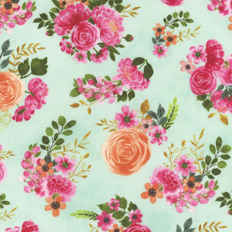 A teal fabric featuring tossed watercolor florals from the collection Peony Blossoms.