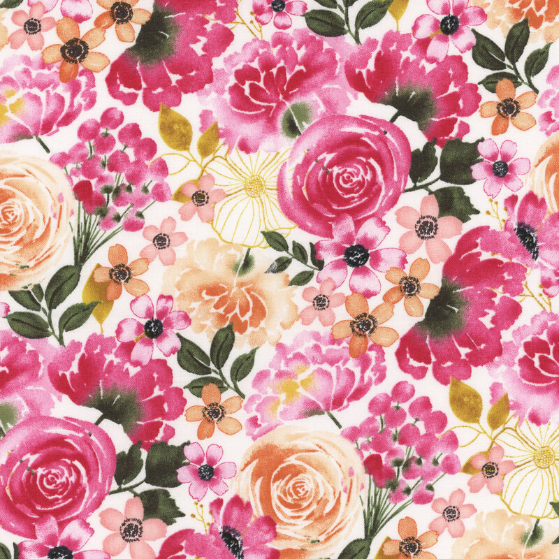 A multi color fabric featuring packed pink watercolor florals from the collection Peony Blossoms.