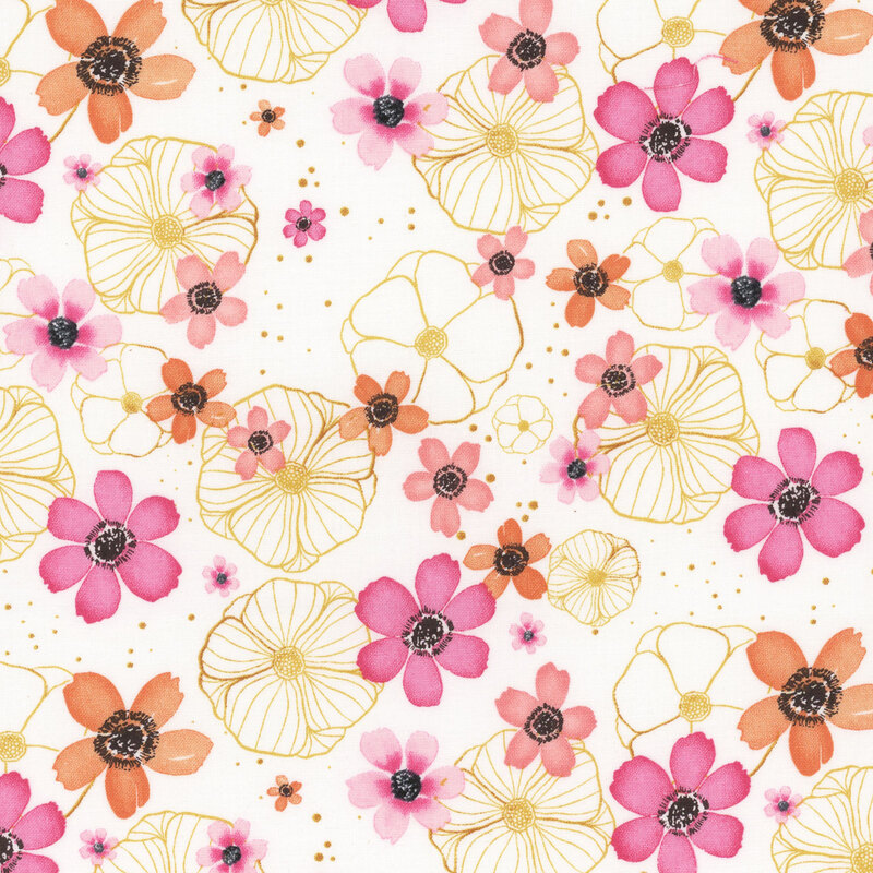 A white fabric featuring watercolor florals from the collection Peony Blossoms.