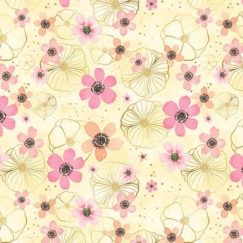 A yellow fabric featuring watercolor florals and metallic accents from the collection Peony Blossoms.