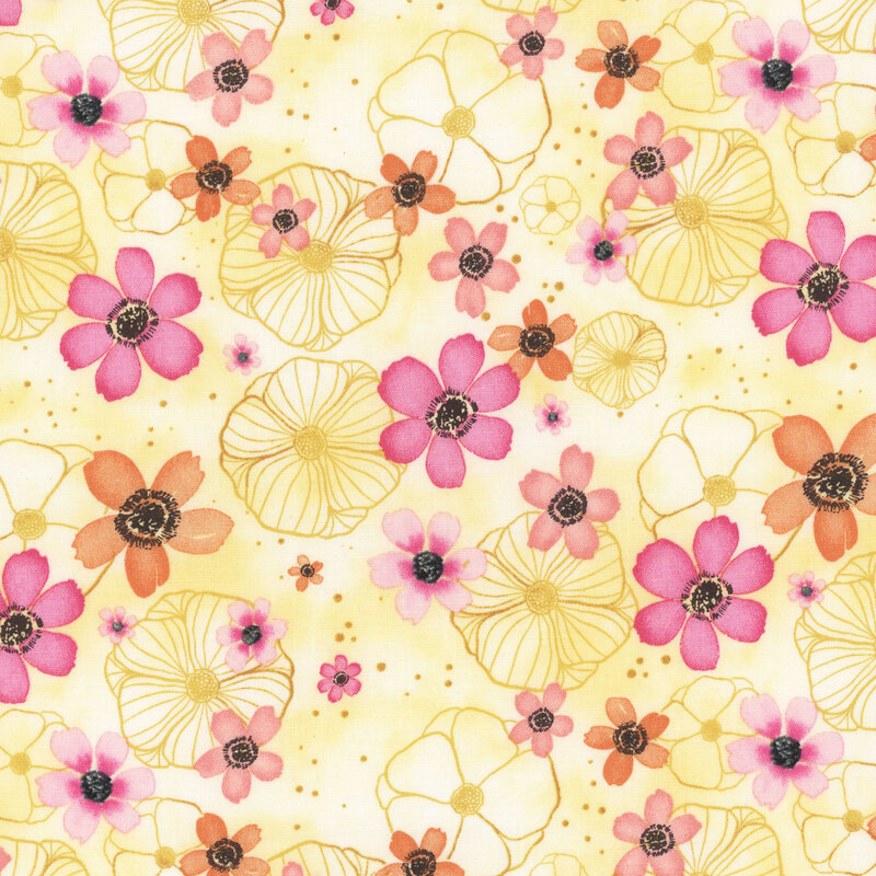 A yellow fabric featuring watercolor florals from the collection Peony Blossoms.