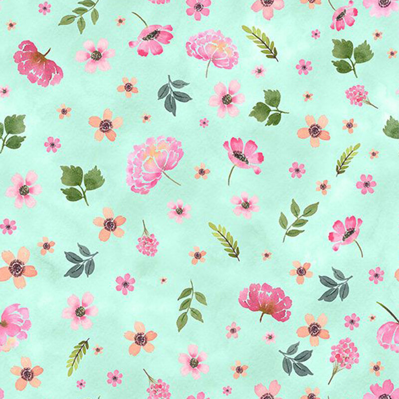 A teal fabric featuring tossed watercolor florals and leaves from the collection Peony Blossoms.