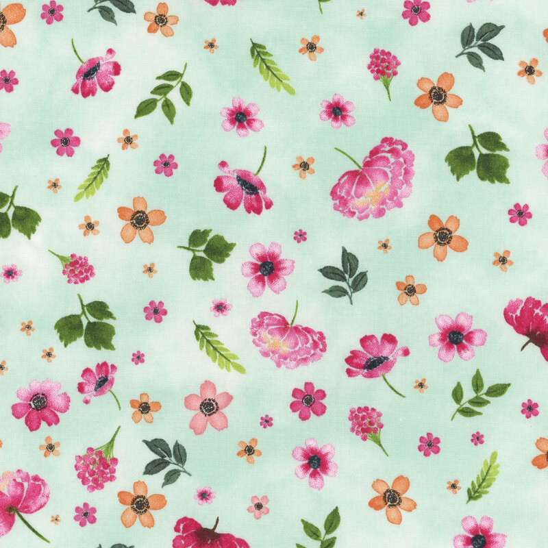 A teal fabric featuring tossed watercolor florals and leaves from the collection Peony Blossoms.