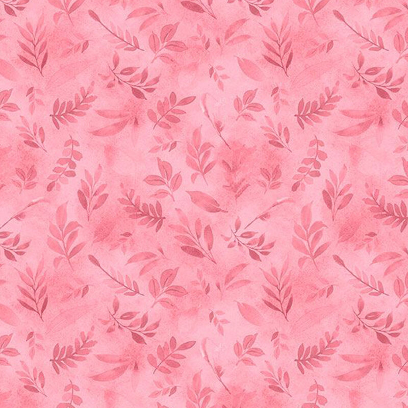 A mottled pink fabric featuring tossed watercolor leaves from the collection Peony Blossoms.
