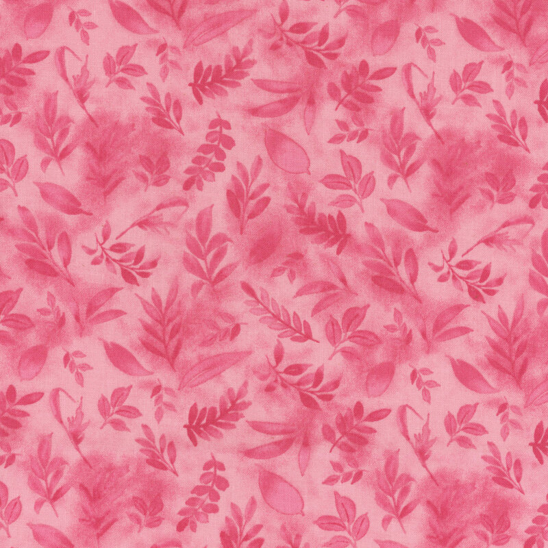 A mottled pink fabric featuring tossed watercolor leaves from the collection Peony Blossoms.