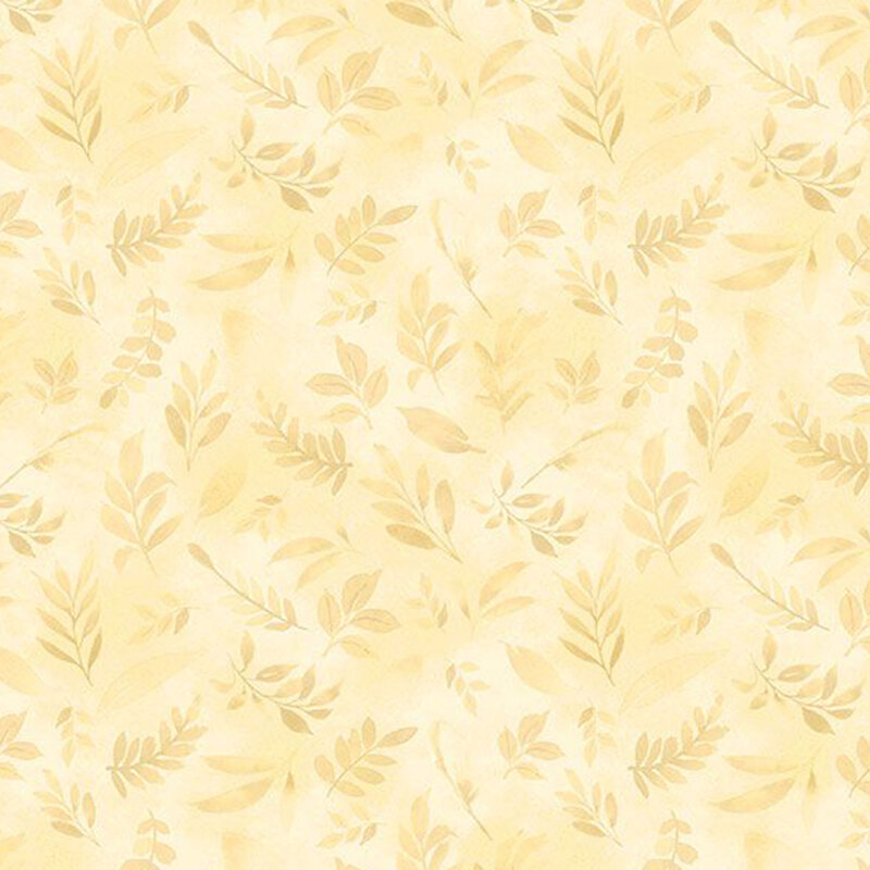 A mottled yellow fabric featuring tossed watercolor leaves from the collection Peony Blossoms.