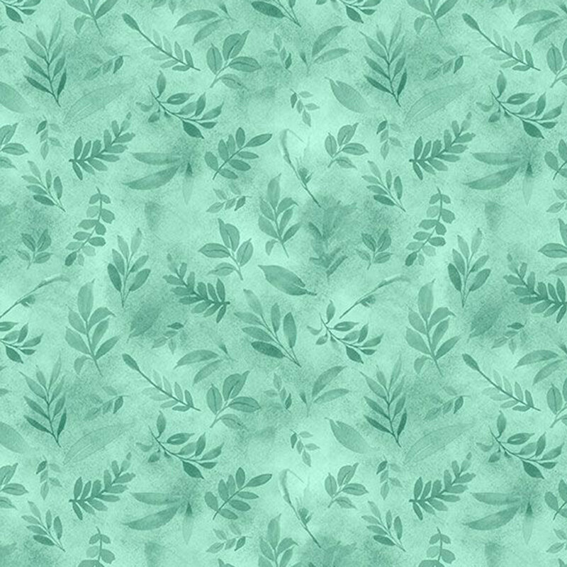 A mottled teal fabric featuring tossed watercolor leaves from the collection Peony Blossoms.