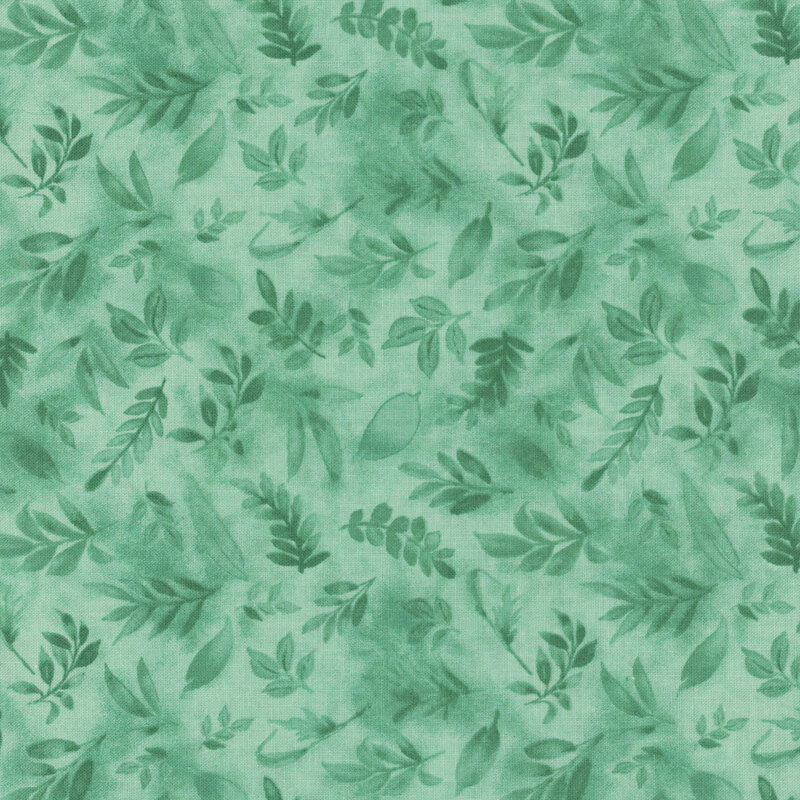 A mottled teal fabric featuring tossed watercolor leaves from the collection Peony Blossoms.