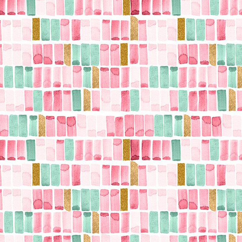 A pink geometric fabric featuring tonal watercolor swatches and metallic accents from the collection Peony Blossoms.