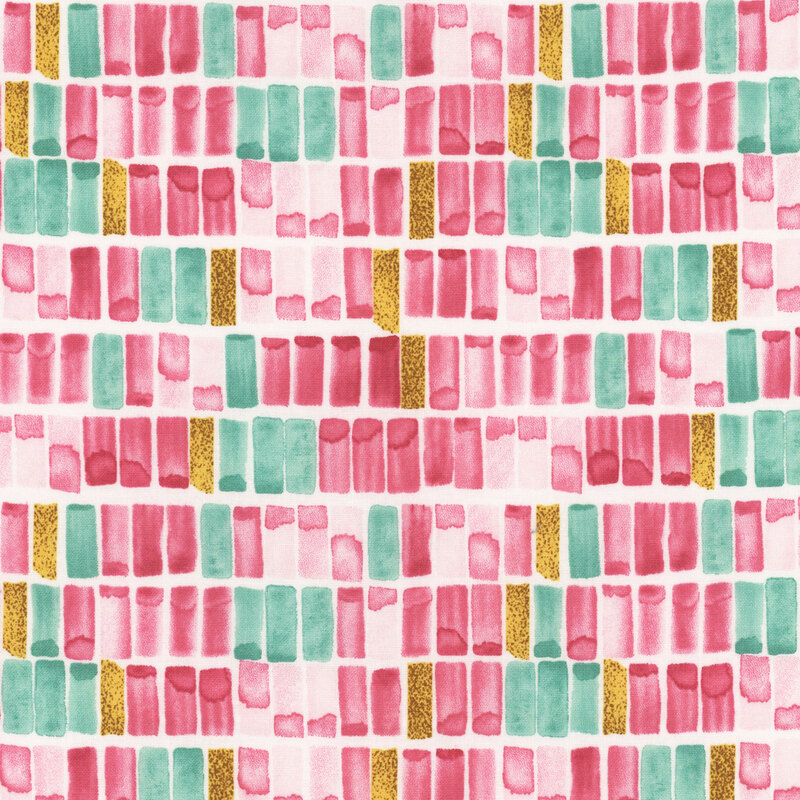A pink geometric fabric featuring tonal watercolor swatches from the collection Peony Blossoms.