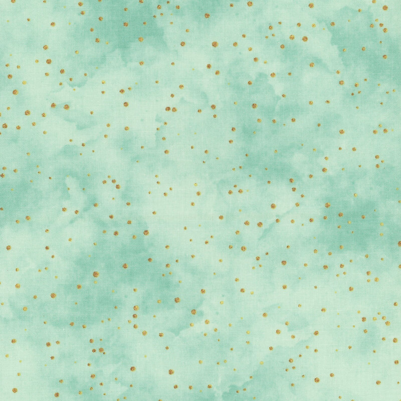 A mottled teal fabric featuring scattered bronze dots from the collection Peony Blossoms.