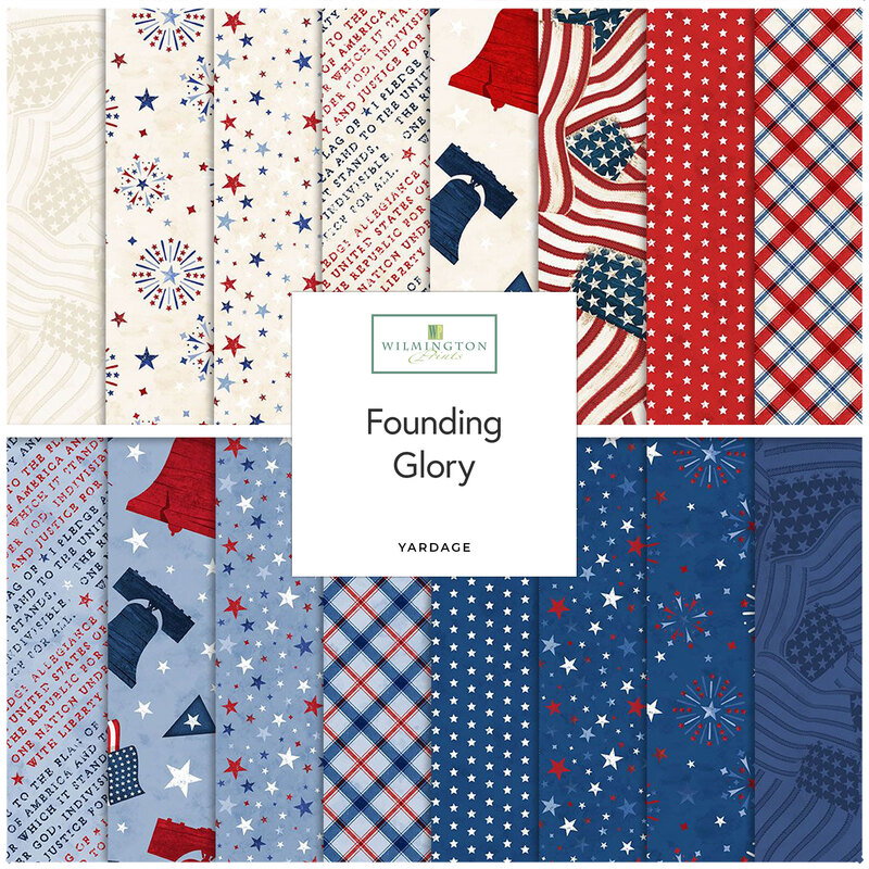 Digital collage of fabrics included in the Founding Glory collection with red, white, and blue with a patriotic theme.