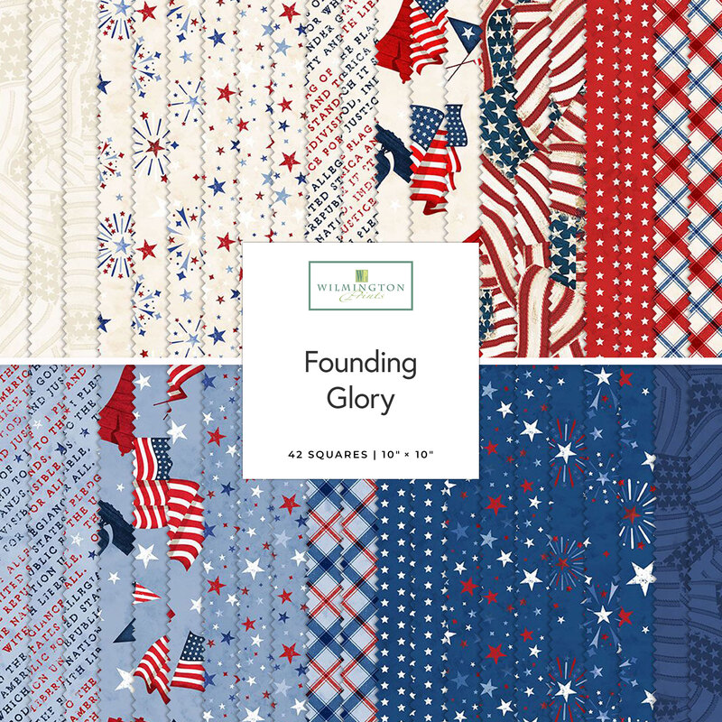 Two rows of patterned fabric swatches in red, white, and blue with a patriotic theme, labeled Founding Glory by Wilmington Prints.