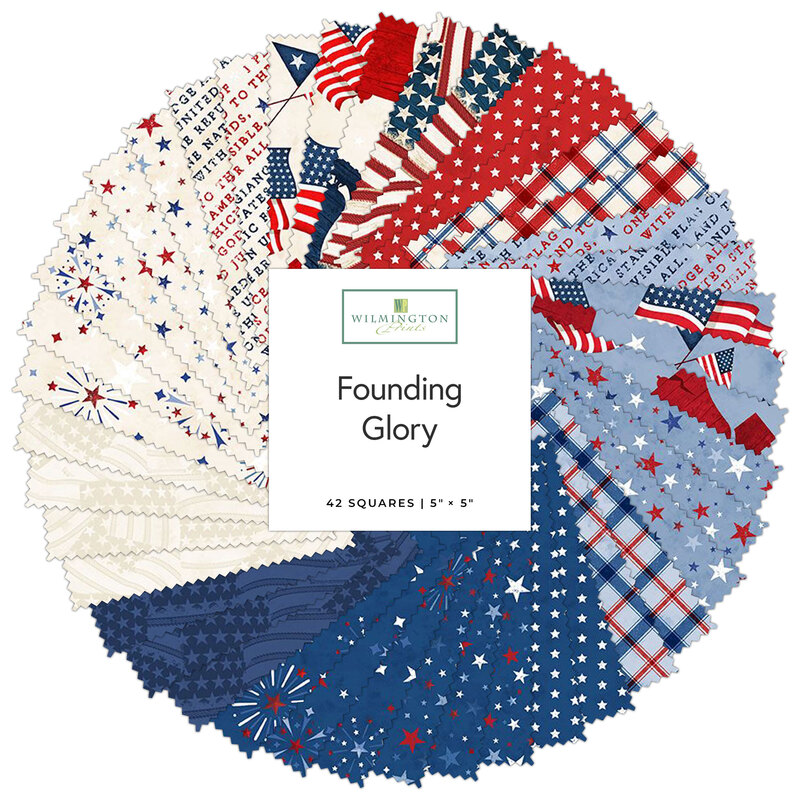 Collage of fabric swatches in red, white, and blue with a patriotic theme arranged in a circular pattern, labeled Founding Glory by Wilmington Prints.