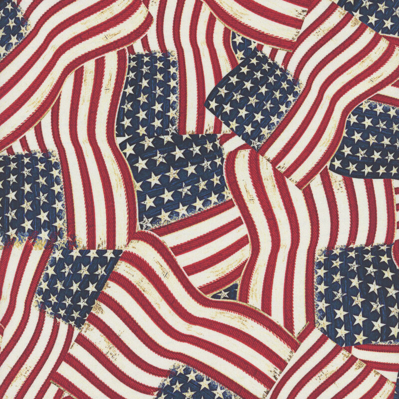 American flags in red, white, and blue with stars and stripes overlapping in various directions.